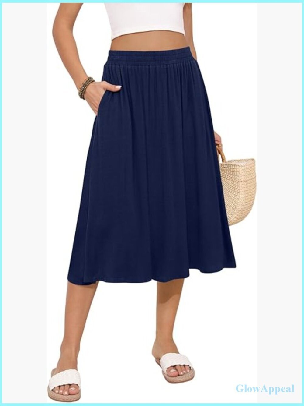 Flowy Midi Skirt with Pockets Elastic High Waisted Pleated Summer Skirt
